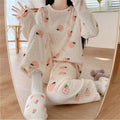 Peach Cute Bear Crescent Warm Pajamas Coral Fleece | 2026 New Autumn Winter Thickened Homewear Two-Piece Set, Crew Neck, Elegant Style