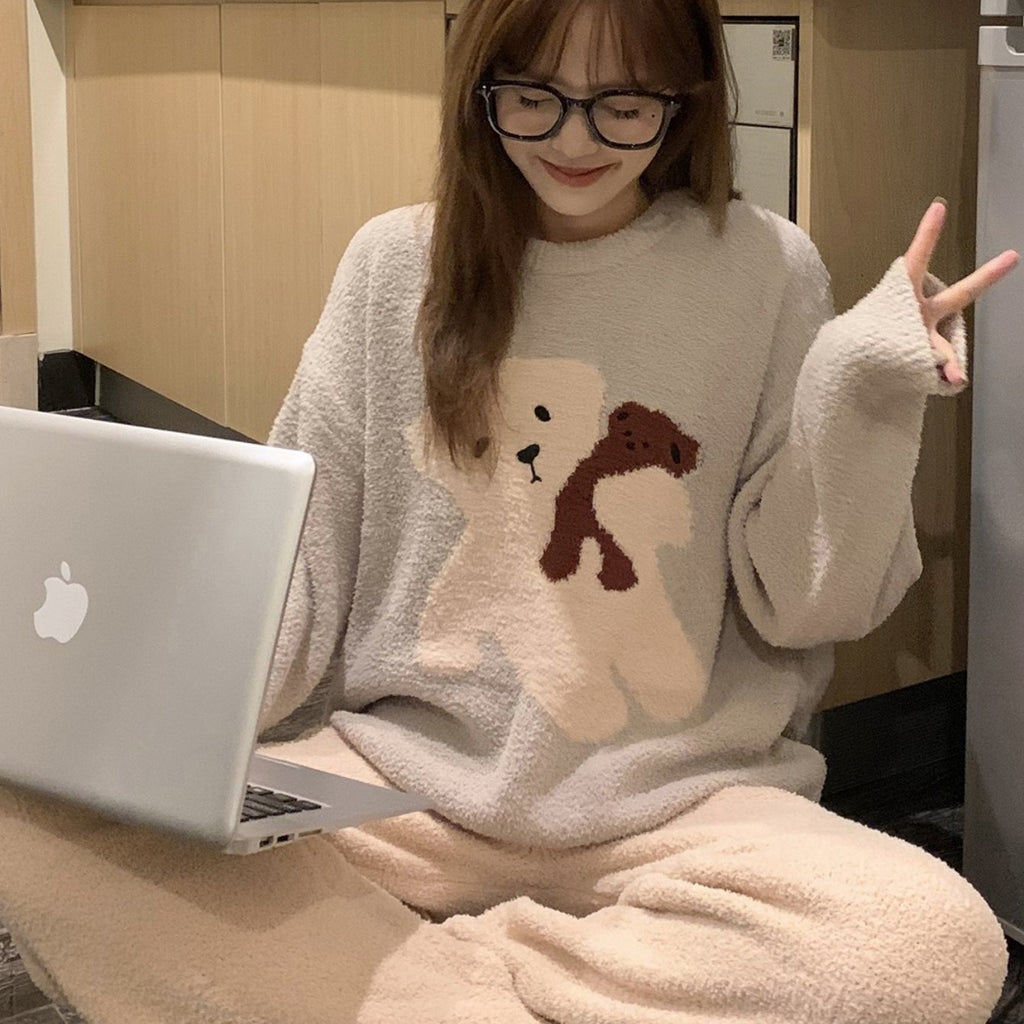 Women'S Winter Bear Pajama Set, Comfortable Half-Pile Coral Fleece Lounge Outfit