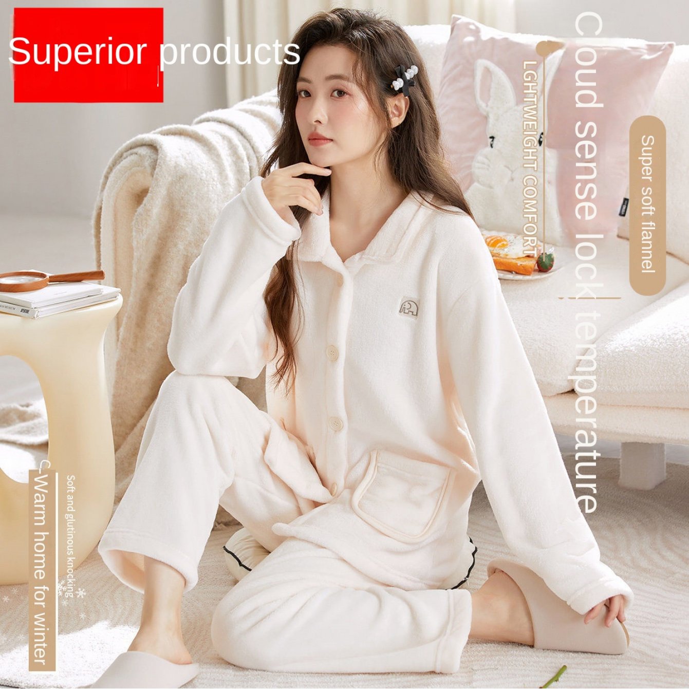 2025 Women'S Coral Fleece Pajamas, Suitable for Autumn And Winter, Thick And Lined with Fleece, Cozy Flannel, Milky White Winter Loungewear
