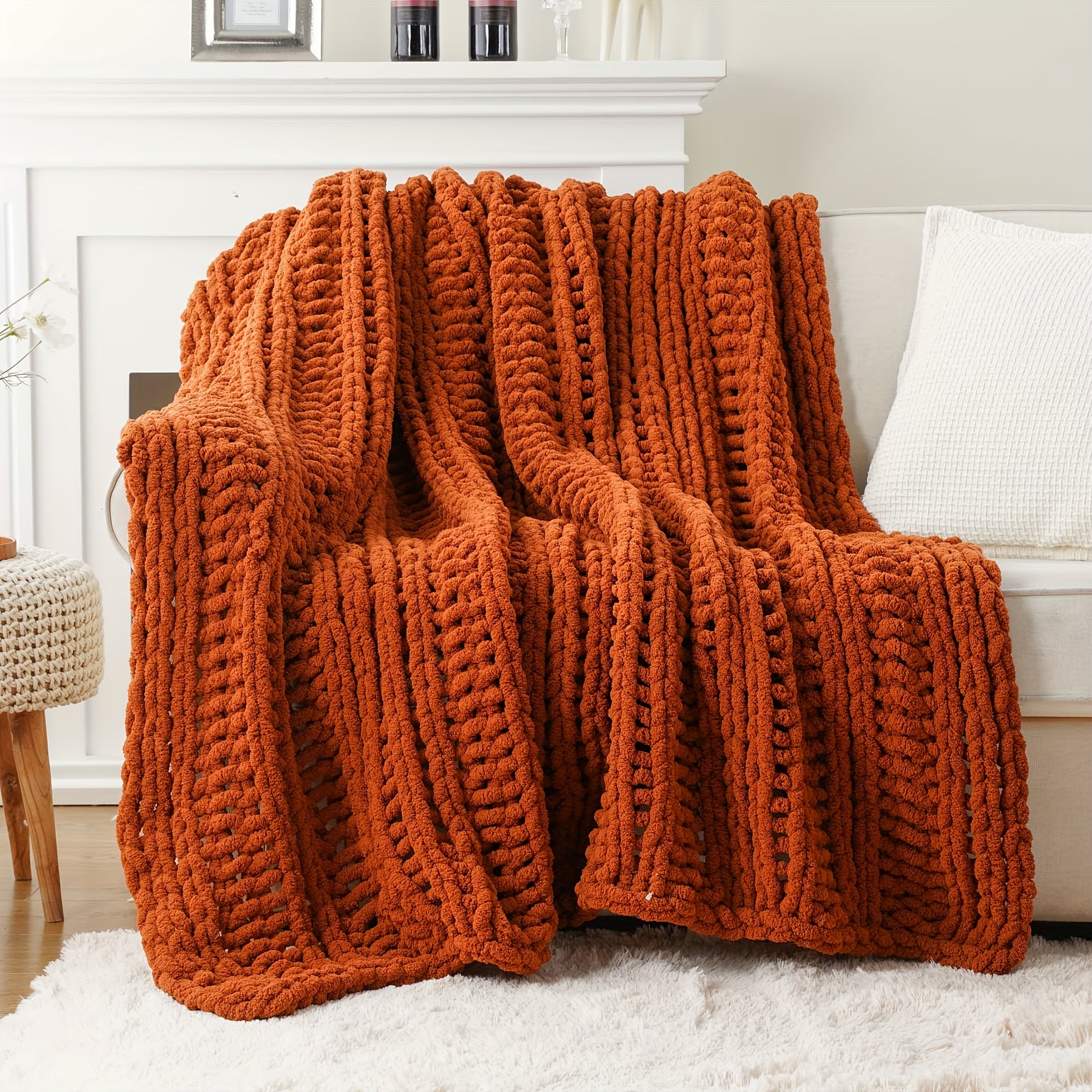 Caramel Rust Chunky Throw Blanket, Handmade Cable Crochet Blanket for Couch, Fall Orange Chenille Blanket Throw for Fall Decor, Super Soft Thick Textured Blankets, 50\