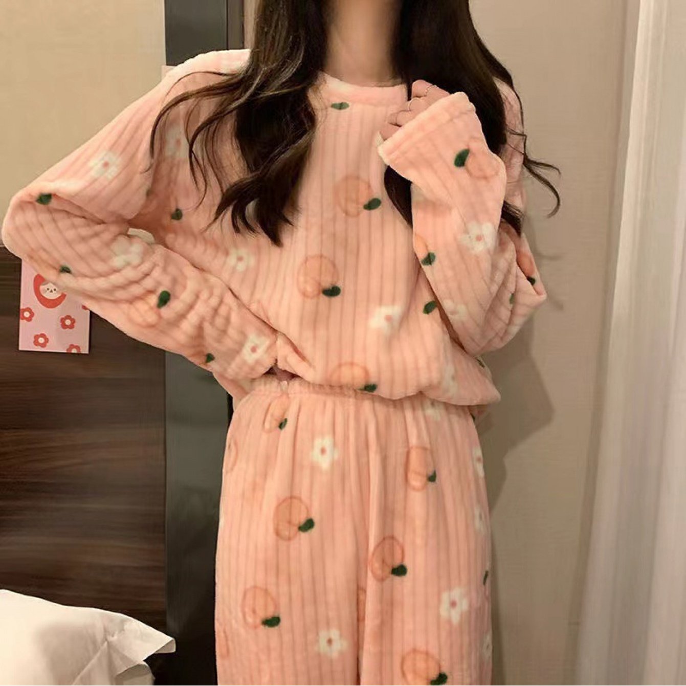Peach Cute Bear Crescent Warm Pajamas Coral Fleece | 2026 New Autumn Winter Thickened Homewear Two-Piece Set, Crew Neck, Elegant Style