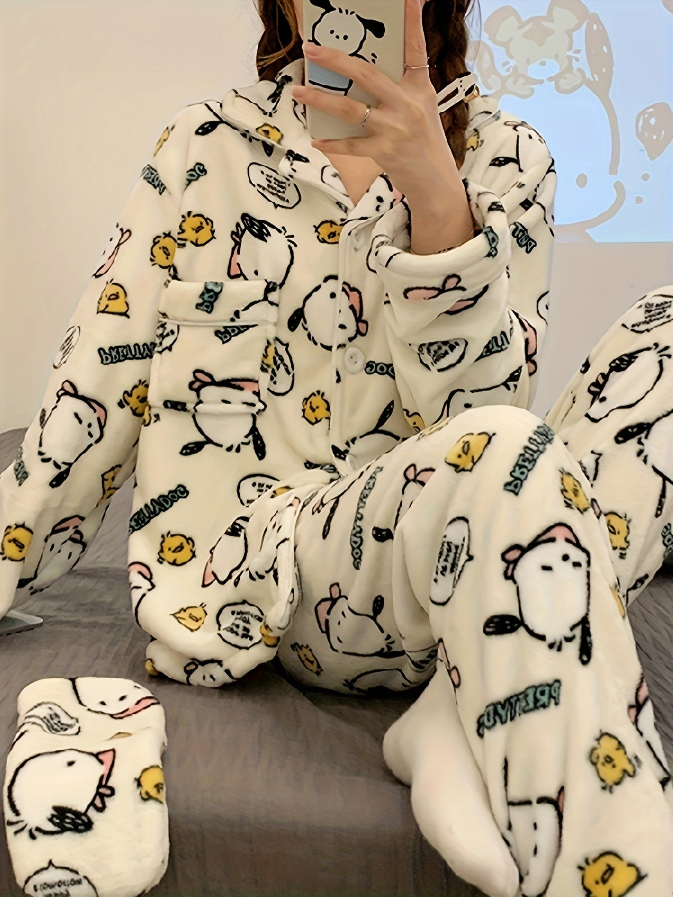 Sanrio Cute Pajamas Set Hello Kitty, Kuromi, Cinnamoroll, My Melody, Pochacco, Thick Coral Fleece Comfortable Cute Pajamas, Comfortable Home Clothes