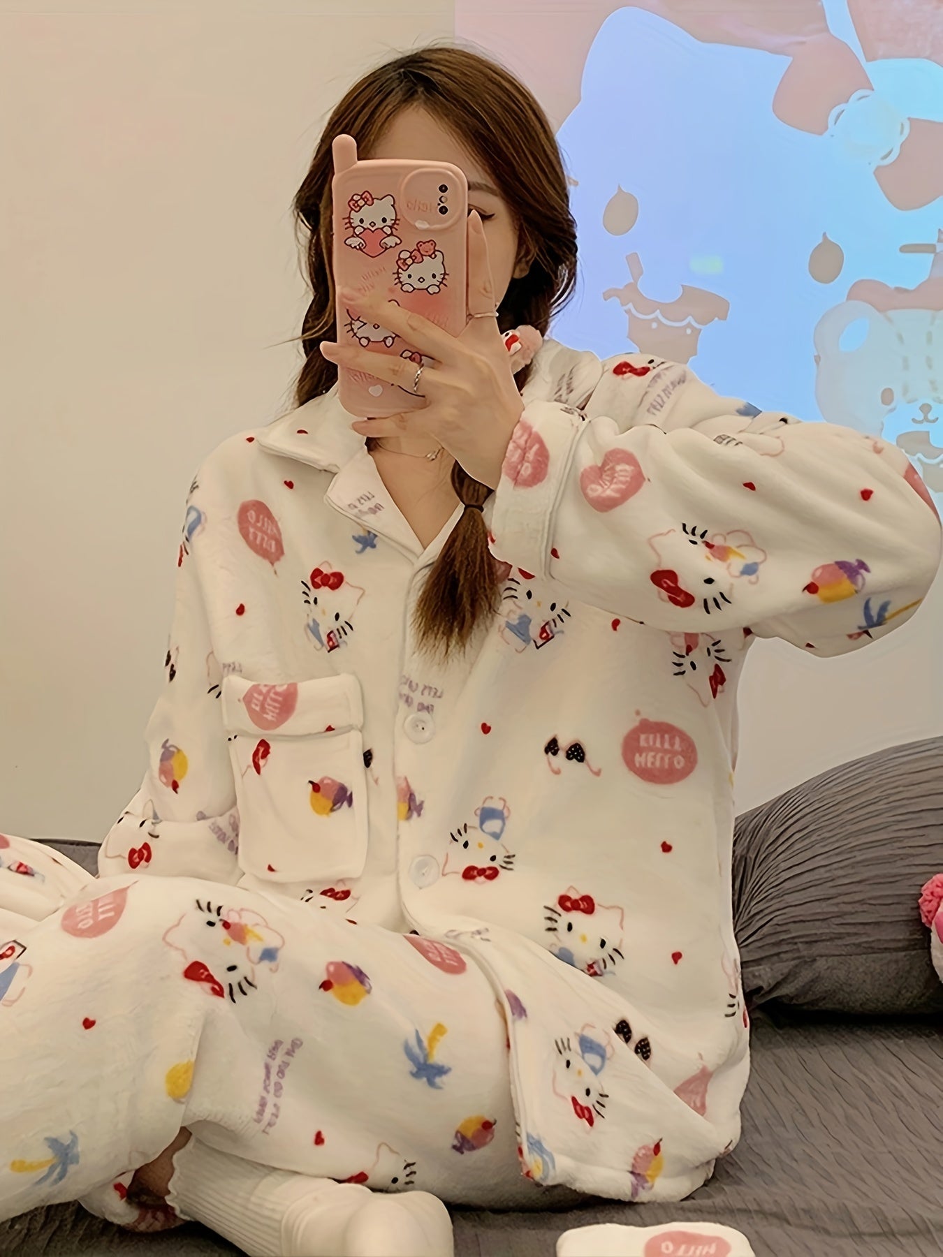 Sanrio Cute Pajamas Set Hello Kitty, Kuromi, Cinnamoroll, My Melody, Pochacco, Thick Coral Fleece Comfortable Cute Pajamas, Comfortable Home Clothes