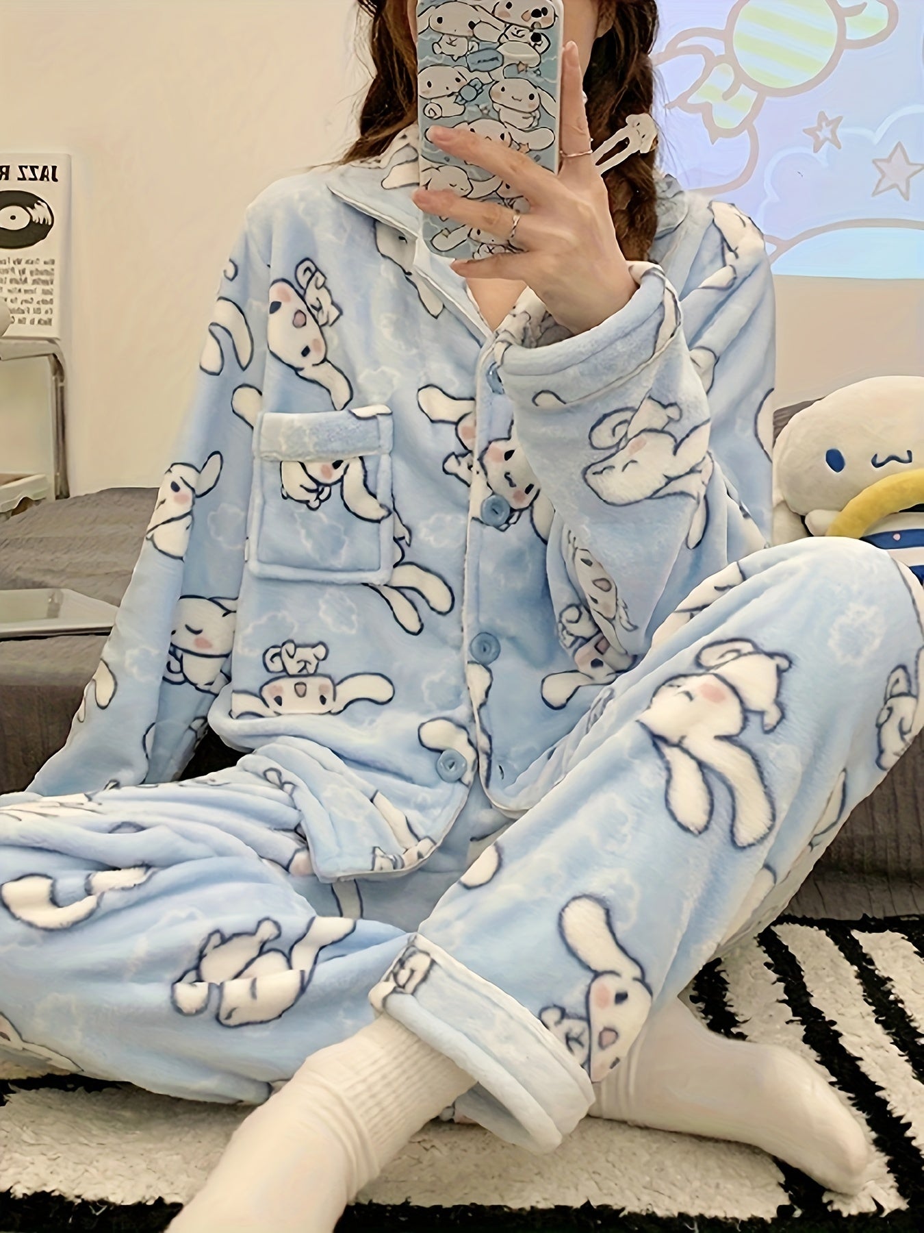 Sanrio Cute Pajamas Set Hello Kitty, Kuromi, Cinnamoroll, My Melody, Pochacco, Thick Coral Fleece Comfortable Cute Pajamas, Comfortable Home Clothes