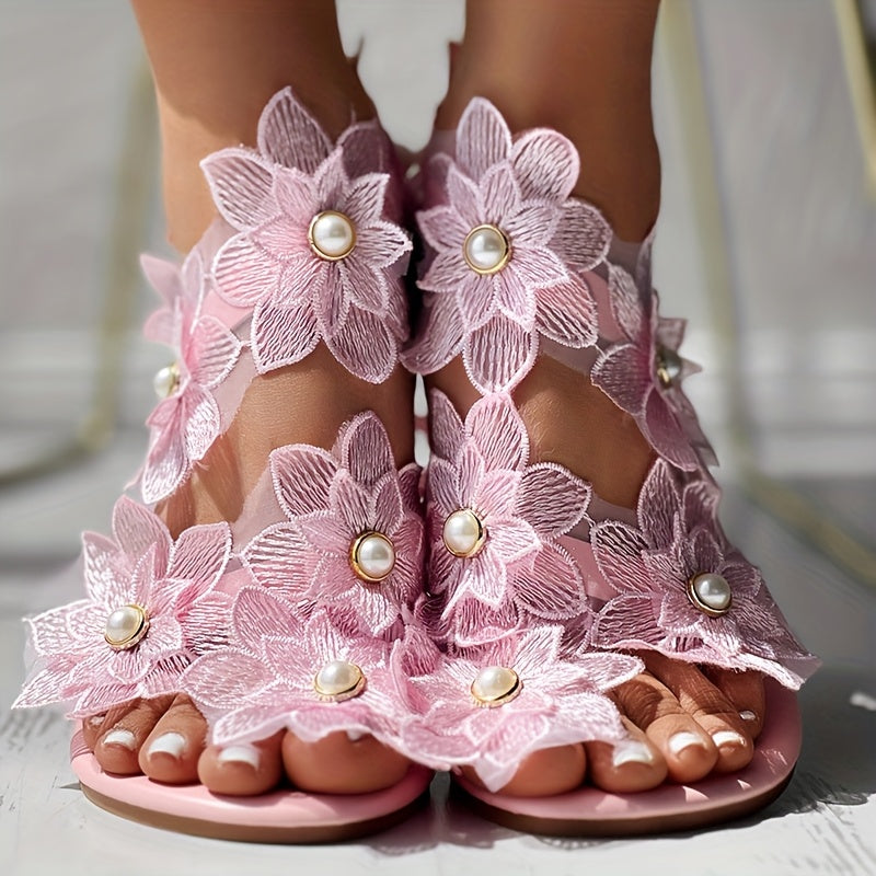 Flower Glitter Rhinestone Flat Sandals Cute Fashion Summer Flip Flops - Anklet Not Included, Women Shoes