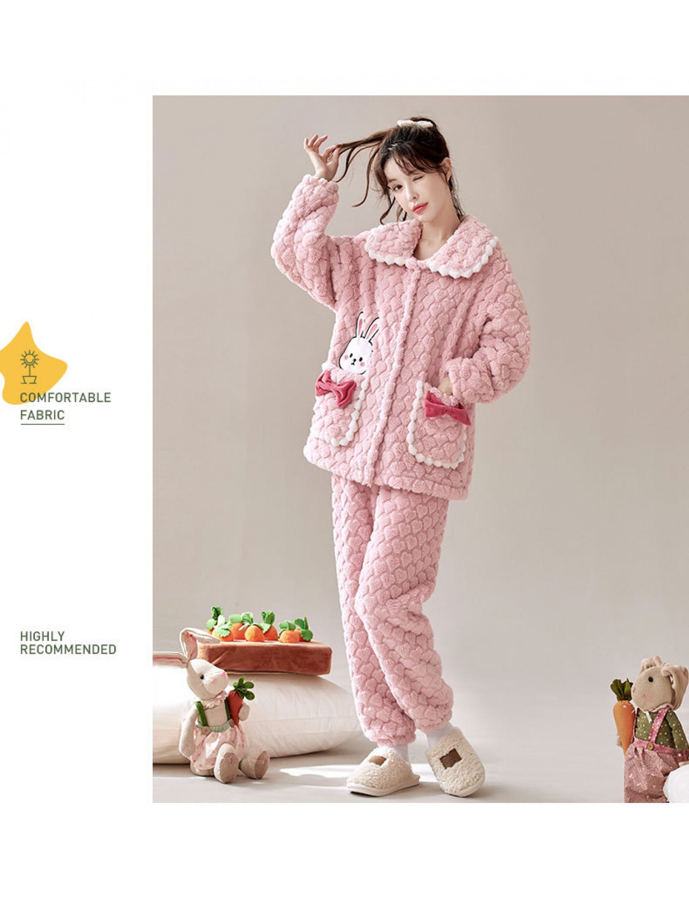 2025 New Thick Coral Fleece Pajamas for Women, Perfect for Autumn And Winter, Featuring a Cute Bunny Design for Cozy Home Wear
