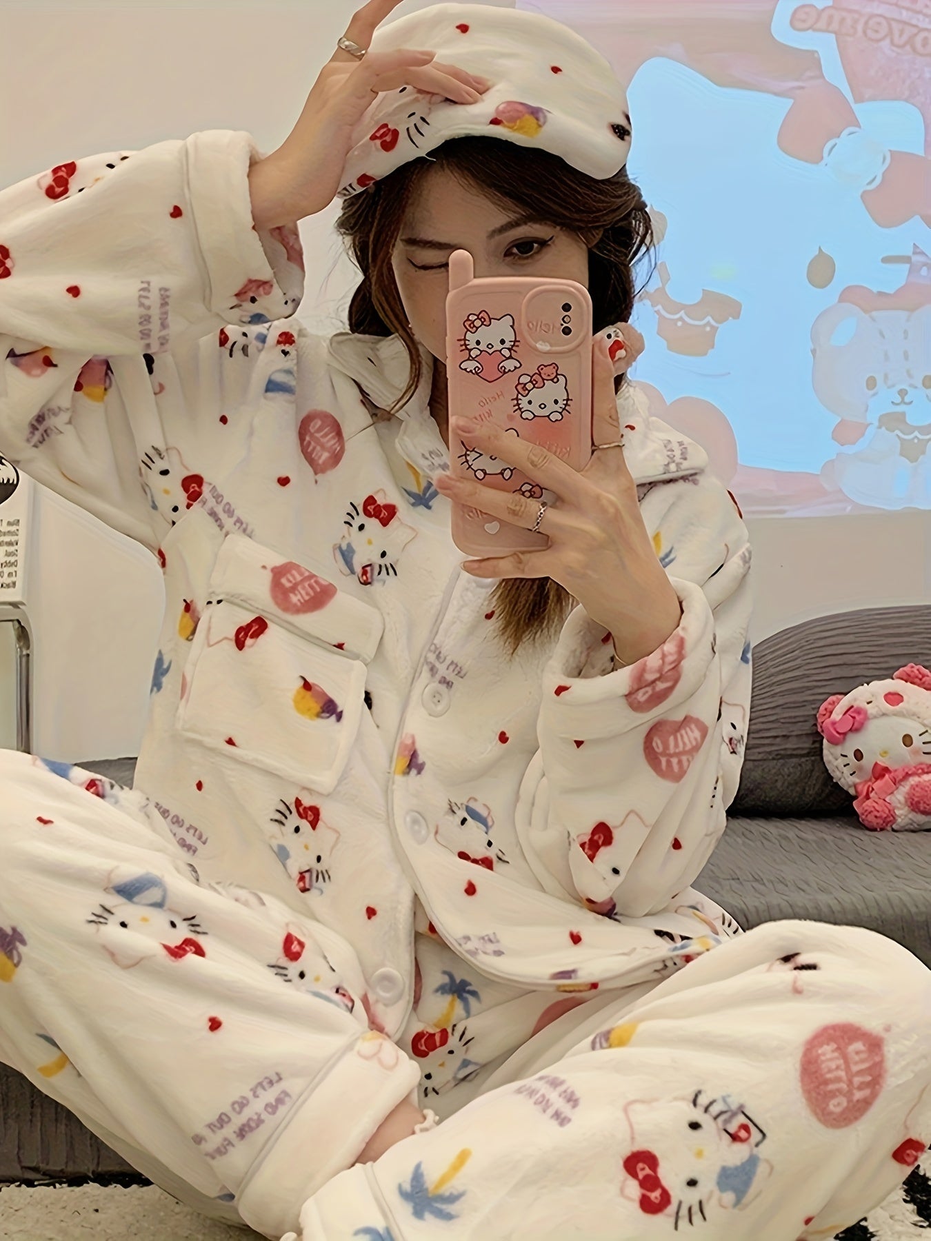 Sanrio Cute Pajamas Set Hello Kitty, Kuromi, Cinnamoroll, My Melody, Pochacco, Thick Coral Fleece Comfortable Cute Pajamas, Comfortable Home Clothes