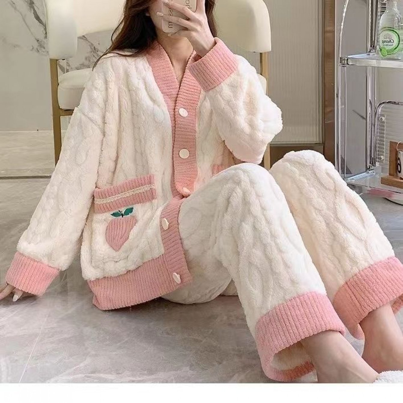 Coral Fleece Women, Autumn and Winter 2024 New Thickened and Fleece Peach Flannel Winter Homewear, Cozy Homewear, Cold Weather Clothing, Geometric Pattern, Casual Loungewear, Warm Fleece Lining, Thickened Fabric, Winter Pajamas, Fleece Pants