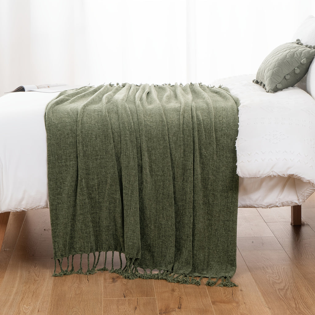 Extra Large Olive Green Chenille Throw Blanket - Luxury Soft & Cozy Fringe Tassel Edge, All-Season Couch Bedspread - Elegant Modern Home Decor in Olive Green